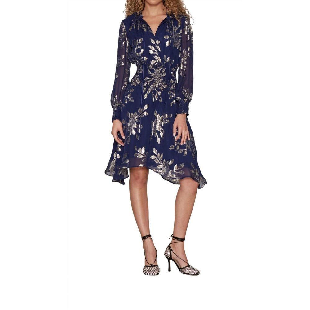 NWT Delfi Collective Metallic Floral Smock Waist Silk Rochelle Dress Navy Small